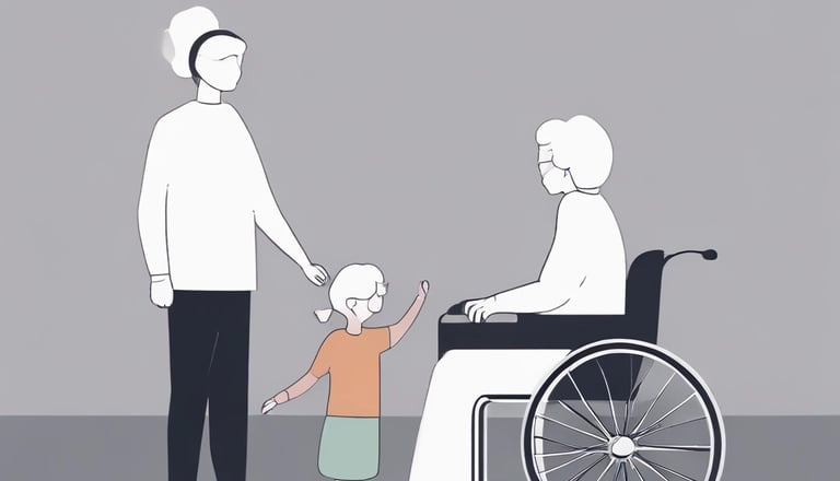 Ilustração de criança e idosa em cadeira de rodas, representando a proteção de vulneráveis.