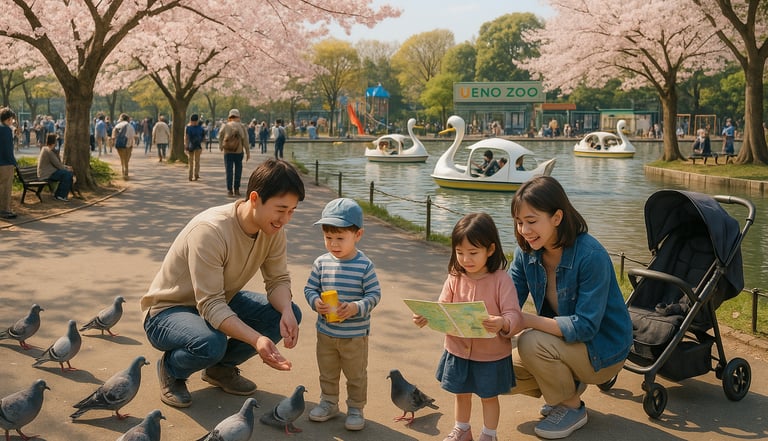 Family with young children enjoying cherry blossoms at Ueno Park in Tokyo, with a stroller nearby and kids watching swan boat