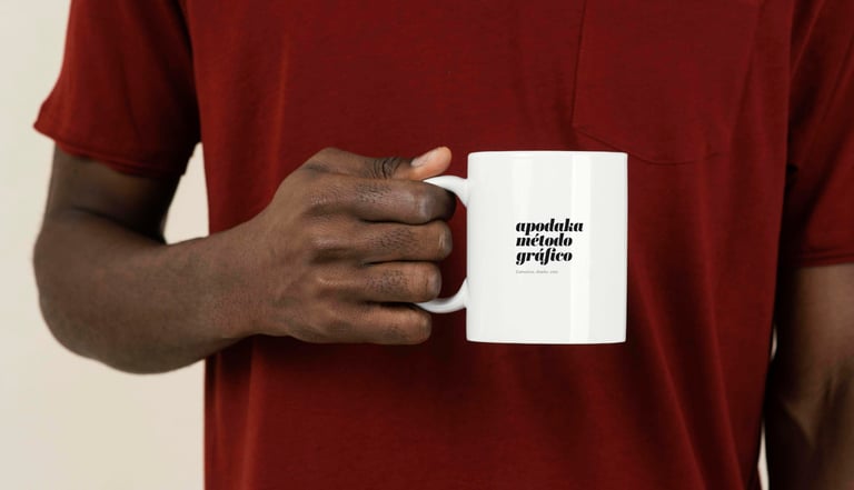 Persona sosteniendo una taza blanca con el logotipo Apodaka Método Gráfico