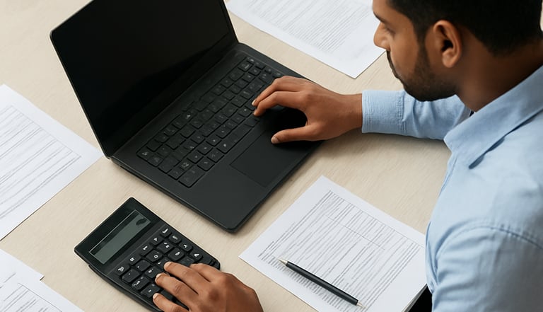 Top-down photography of a South Asian professional using a laptop and calculator with neatly organized tax documents on an off-white wooden desk in a bright room.