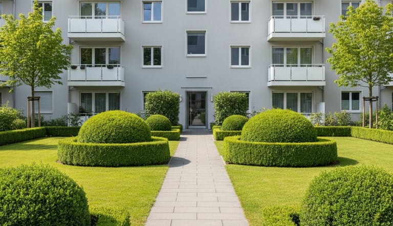 Frontansicht eines modernes Mehrfamilienhauses mit gepflegter Außenanlage