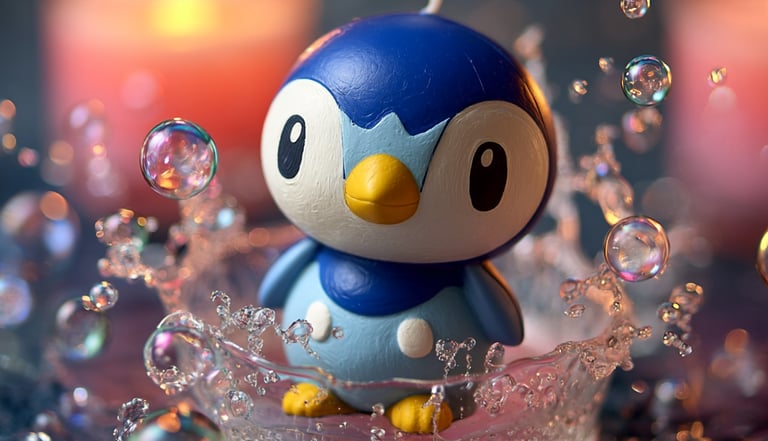 Vela artesanal inspirada en videojuegos de personaje tipo Piplup, diseño decorativo con burbujas.
