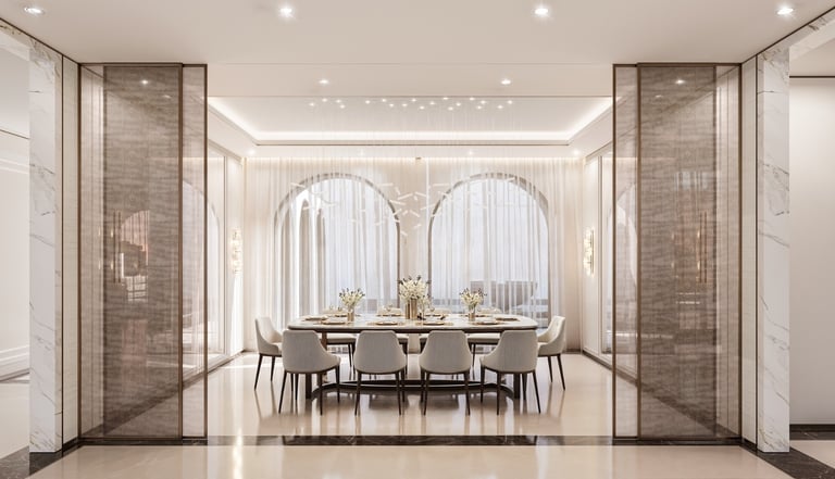 Luxury modern dining room with a marble table, elegant chairs, and floor-to-ceiling arched windows.