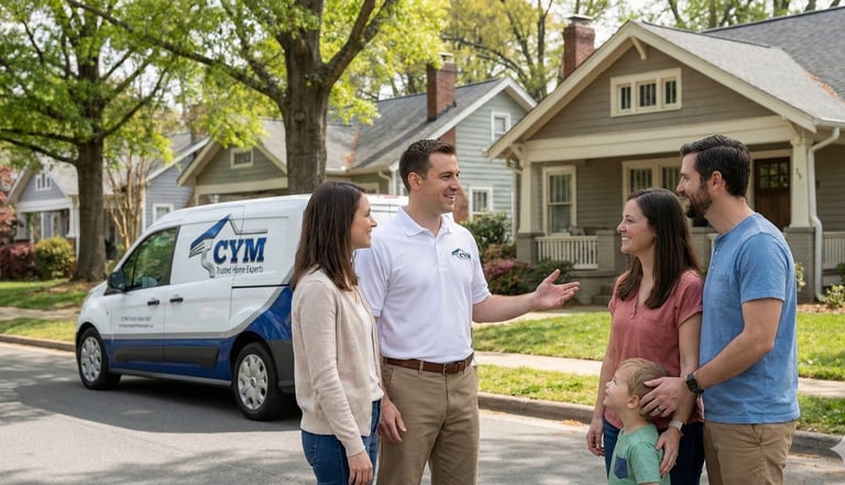 Durham NC contractor explaining roofing gutter and siding project to homeowners