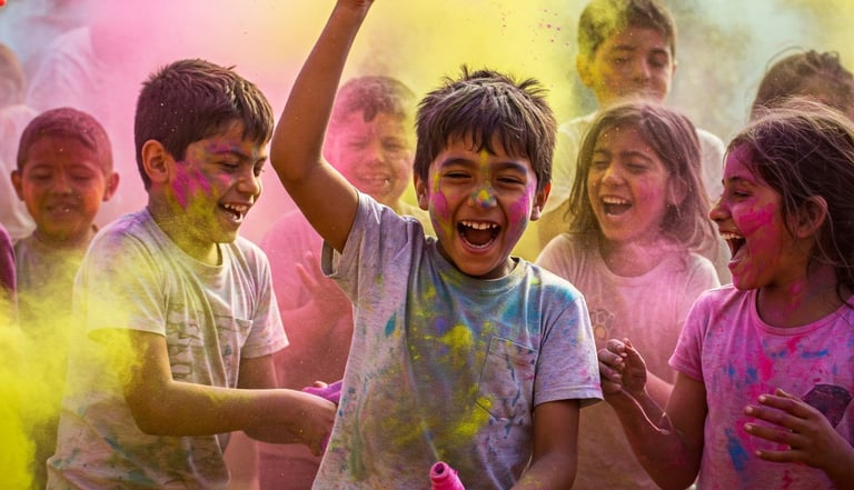 Groupes d'enfants qui jouent avec de la poudre de couleur lors d'une Color party