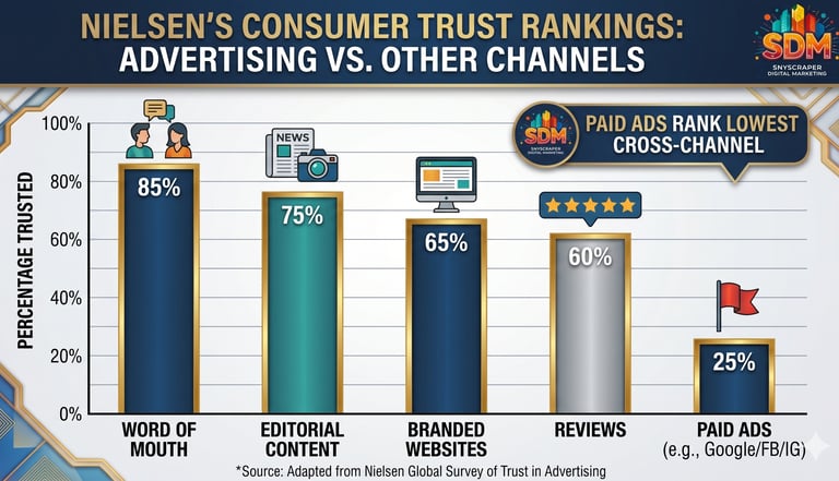 Nielsen consumer trust rankings showing paid advertising ranked lowest across all channels