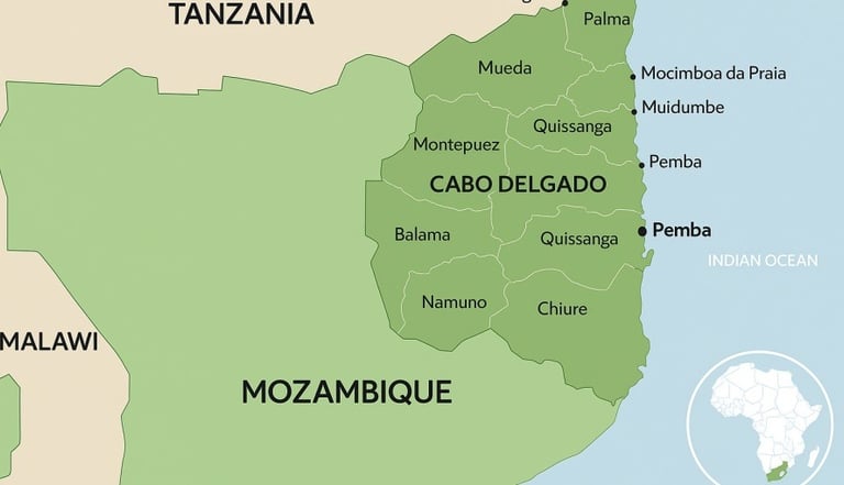Map of Cabo Delgado, Mozambique, highlighting the insurgency region near the Tanzania border
