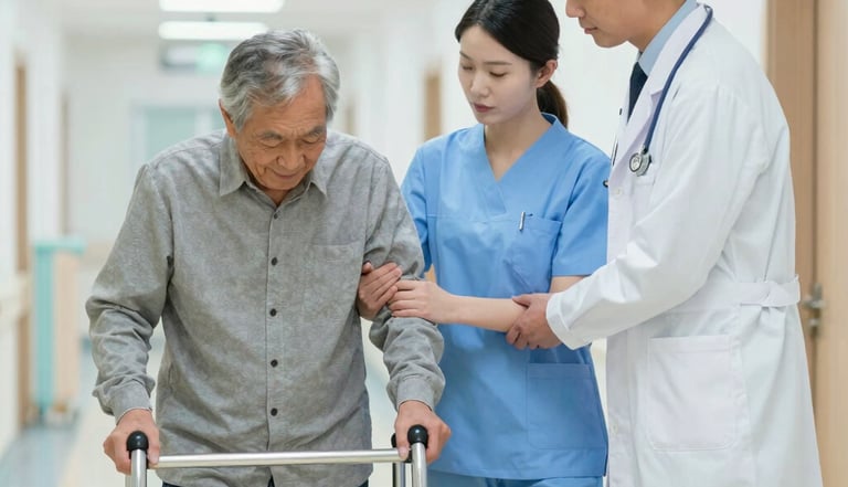 A doctor and nurse helping an elderly man with a cane walk down a hospital hallway near a wheelchair.