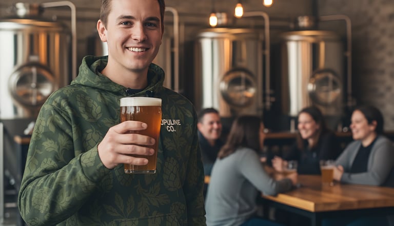 Male at a brewery wearing a Lupuline camo hoodie. This image links to the hoodies that are offered