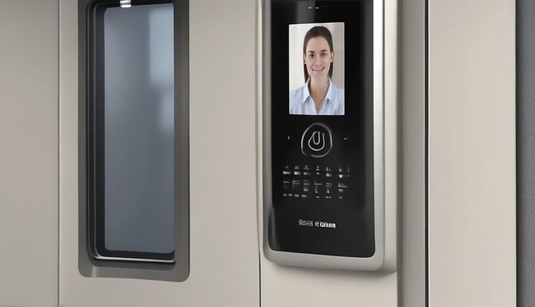 Entrance door with biometric access panel and facial recognition device.