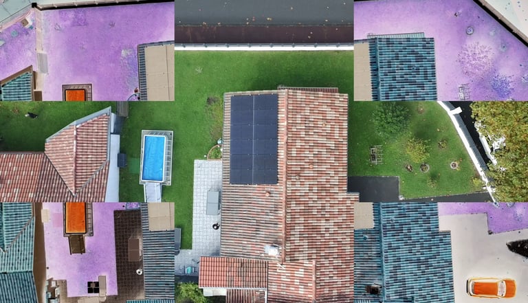 Vue aérienne d'un toit avec panneaux solaires installés sur des tuiles à côté d'une piscine