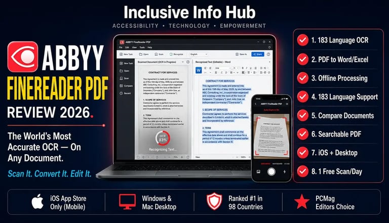 ABBYY FineReader PDF Review 2026 image showing OCR document conversion on laptop and iPhone with checklist feature panel