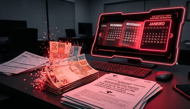 Calendário digital retrocedendo para janeiro com dinheiro virando multas, representando a cobrança do imposto retroativo MEI.