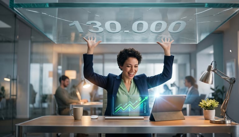 Empresário comemorando aumento de faturamento sob um teto de vidro rachado, ilustrando o limite do MEI de 130 mil e o risco 