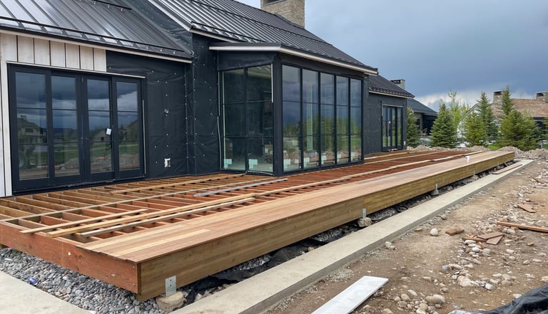 A modern luxury home under construction featuring a new wooden deck frame and floor-to-ceiling glass windows.