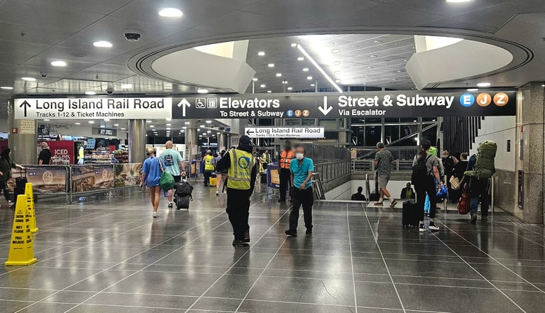 jFK AirTrain hub showing signs for LIRR, subway and Elevators