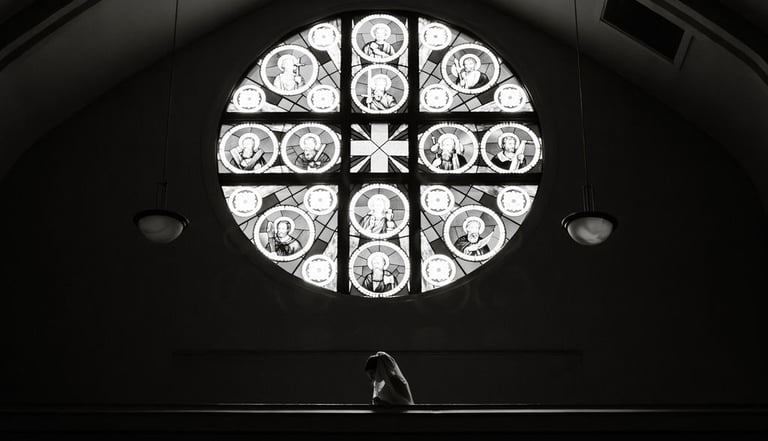 St. Patrick Co-Cathedral, bridal portrait, black and white, stained glass, Billings Catholic wedding