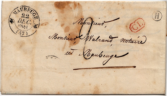 1841 : Lettre mise à la boite du village d'AIBES (lettre-timbre H).