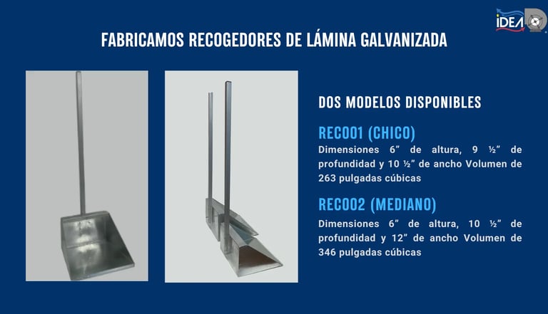 Recogedores metálicos de lámina galvanizada en dos tamaños para uso industrial y limpieza