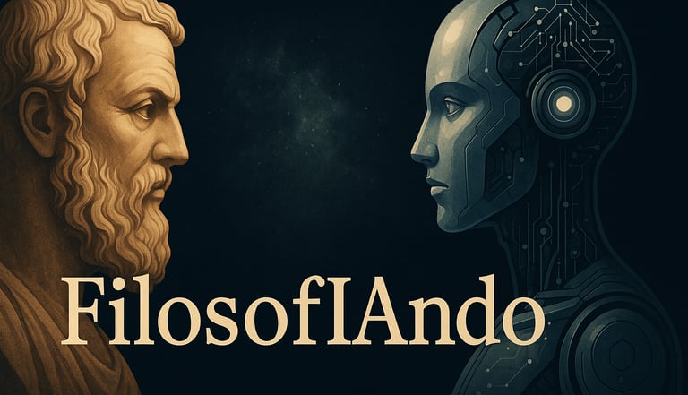 Banner de filosofIAndo en el que un filósofo clásico mira a un robot humanoide.