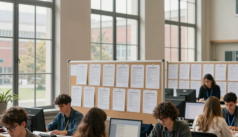 Wide shot of a campus placement office interior, students seated at desks reviewing printed drive schedules pinned to a bulletin board, daylight from tall institutional windows, staff member visible in background at a desktop terminal