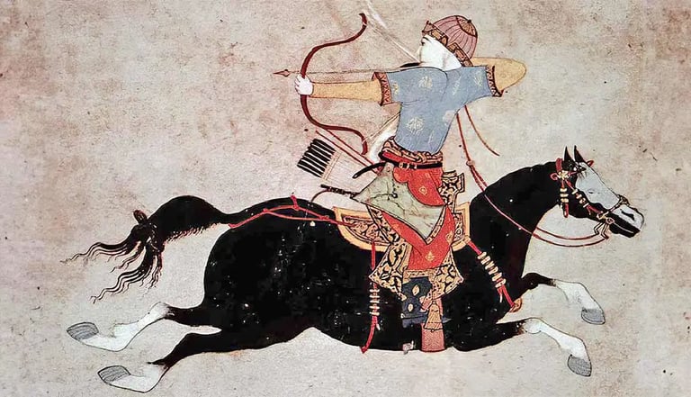 old painting of a man riding a horse with a bow and arrow in his hand