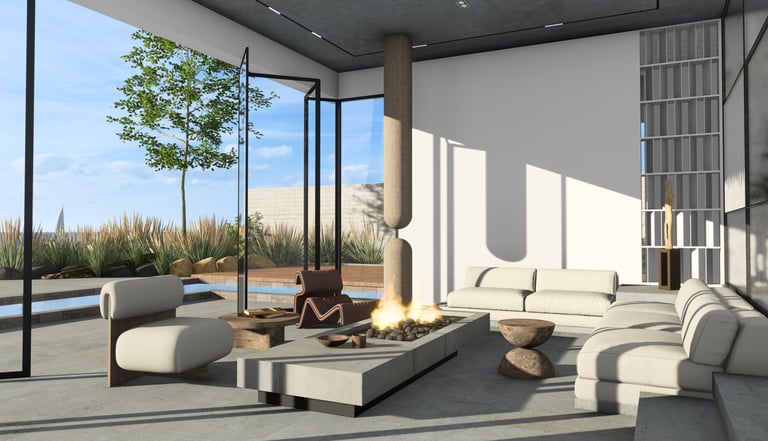 Minimal living room with sunken fireplace, luxury villa concept dubai