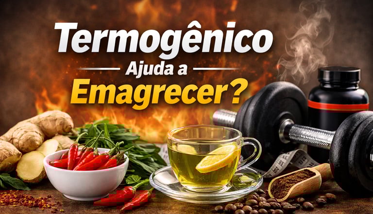 Alimentos termogênicos com chá e halteres, destacando emagrecimento.