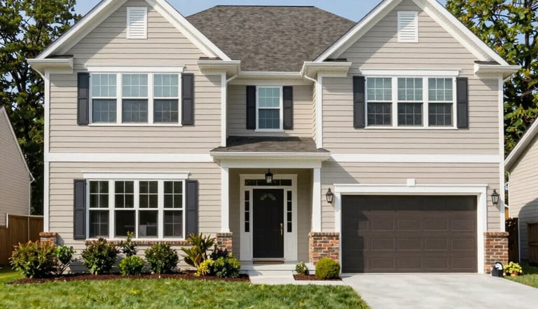 Exterior of a well-maintained, modern suburban house in Maryland, North American / US architecture. Features a tidy lawn and a welcoming front entrance under bright daylight.