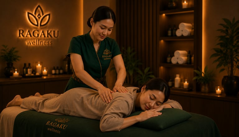 Professional therapist performing a relaxing traditional massage at Ragaku Wellness luxury spa.