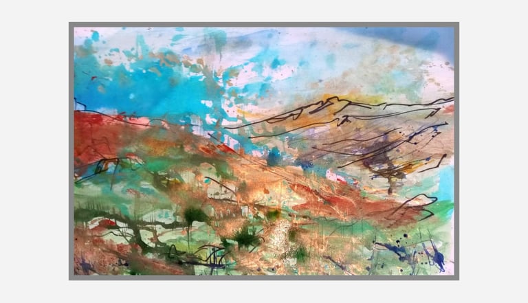 Abstract landscape painting with expressive blue, green, and copper tones and ink outlines.