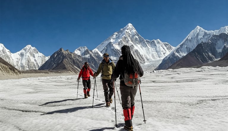a group of people walking across a snow covered valley towards Ansoo Lake