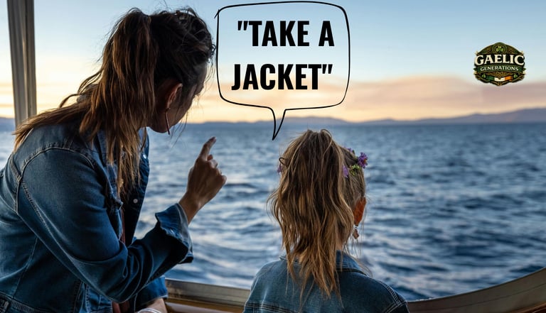A mother and daughter in denim jackets looking over the ocean at sunset with a Take a Jacket caption.