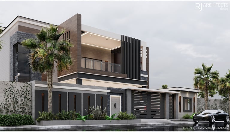 Modern two-story house with architectural design featuring wood and glass elements