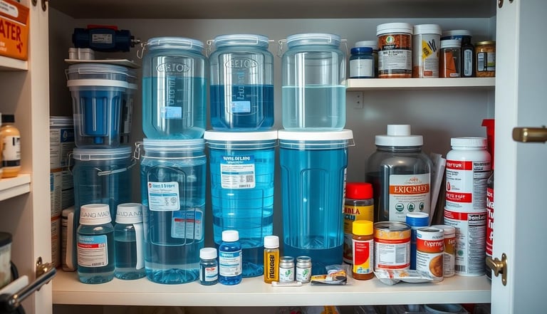 An  emergency water supply setup, featuring multiple clear containers filled with fresh water, 