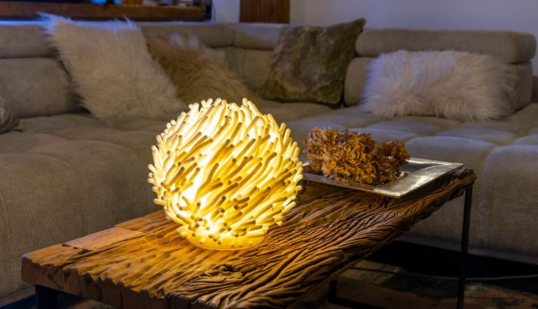 Modern coral-shaped glowing table lamp on a rustic wood coffee table in a cozy living room.