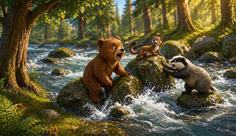 3D animated bear, weasel, and badger standing on river rocks in a lush sunlit forest.
