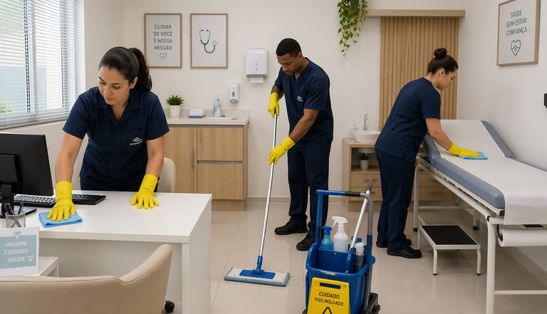 Professional commercial cleaning team cleaning and sanitizing a modern business facility.