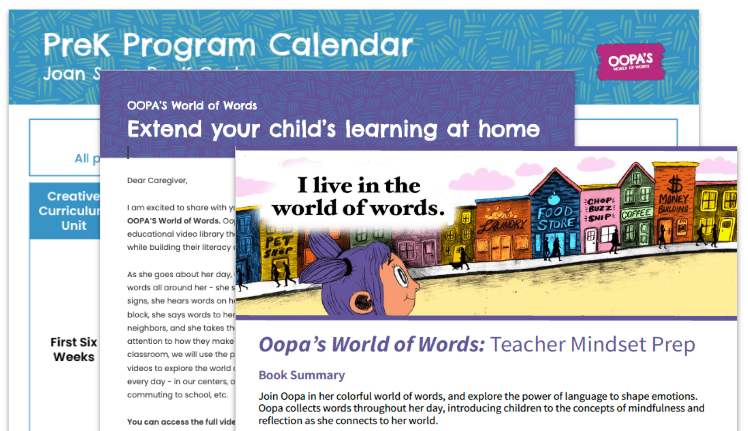 Teacher support materials, including a program calendar, letter home, and teacher mindset.