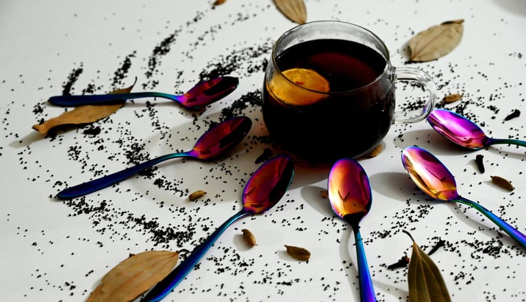 a cup of tea with spoons and spoons on a table