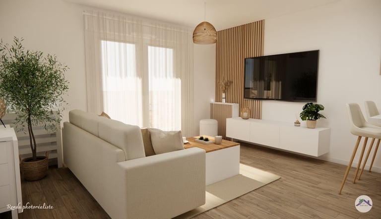 Salon moderne couleur neutres et apaissante espace TV et cache radiateur sur mesure