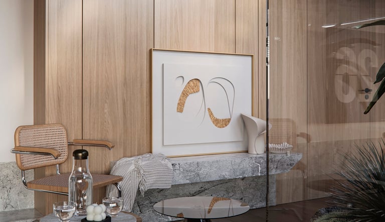 a living room with a chair and a table