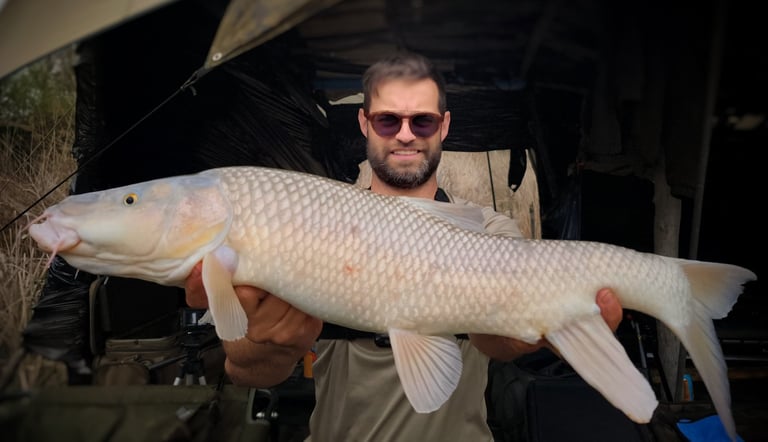 a man holding a large fish barbel fish