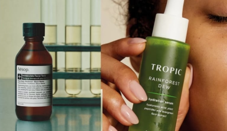 Editorial collage combining skincare science and natural beauty — featuring a serum bottle, orange slice, botanical 