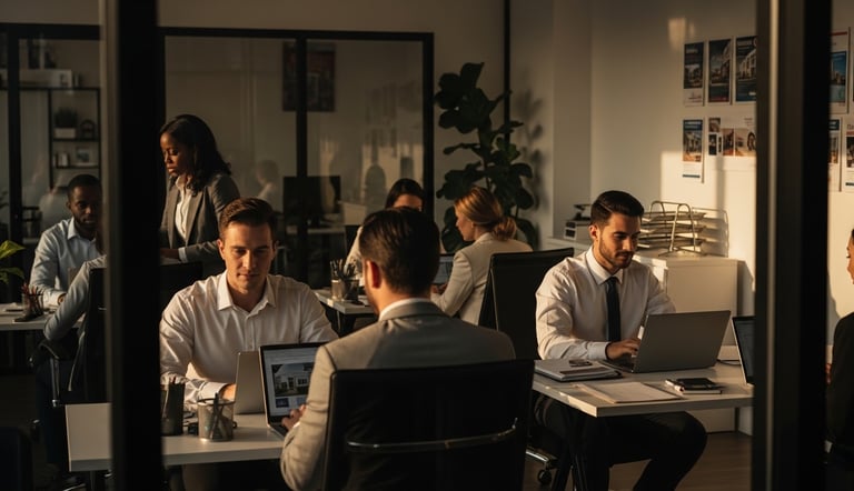 group of real estate agents working in a brokerage office