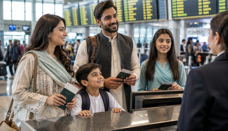 Pakistani passport with approved Qatar visa, travel documents, airplane,