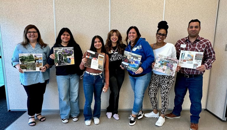 a group of people holding up pictures of themselves