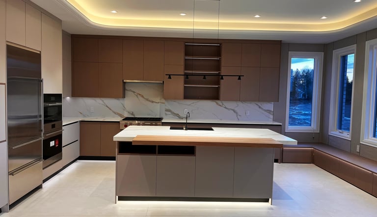 Modern minimalist kitchen featuring a marble island, custom brown cabinetry, and elegant cove ceiling lighting.