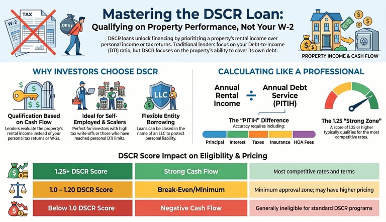 Infographic explaining how to qualify for a DSCR loan based on property cash flow instead of a W-2.