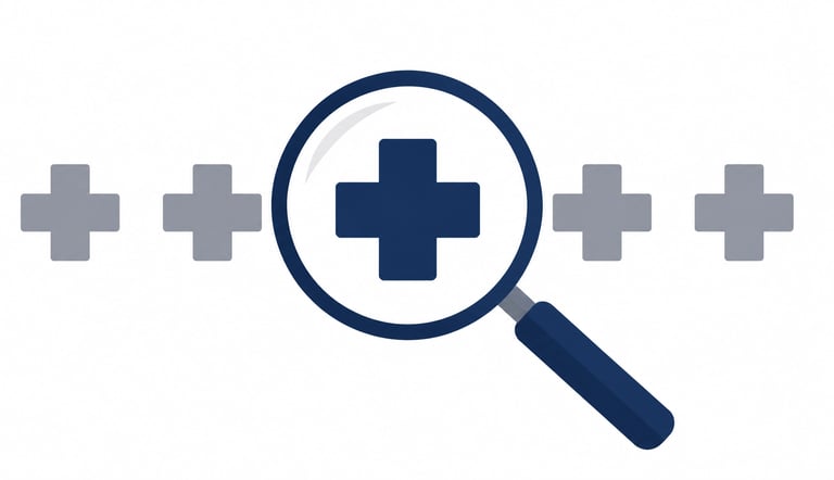 Flat-style vector illustration of a large magnifying glass examining a row of medical crosses.